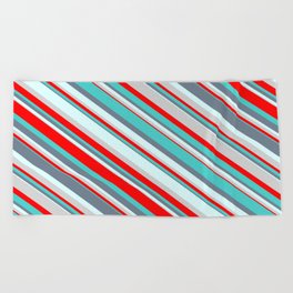 [ Thumbnail: Colorful Light Grey, Red, Turquoise, Slate Gray & Light Cyan Colored Pattern of Stripes Beach Towel ]