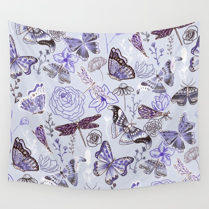 Dragonflies, Butterflies and Moths With Plants on Pale Blue Wall Tapestry