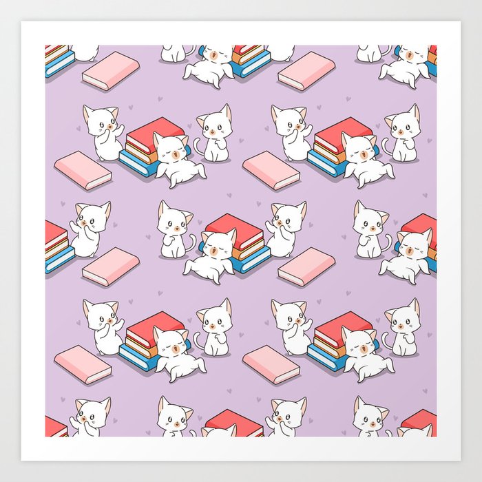 Cats and Books Pattern Art Print