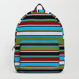 [ Thumbnail: Eyecatching Deep Sky Blue, Green, Dark Red, Lavender, and Black Colored Lines/Stripes Pattern Backpack ]