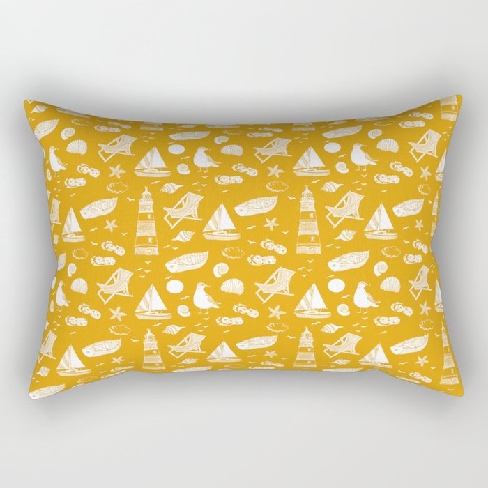 Mustard And White Summer Beach Elements Pattern Rectangular Pillow