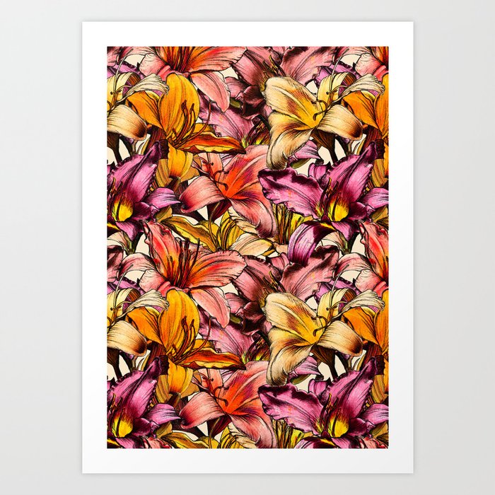 Daylily Drama - a floral illustration pattern Art Print