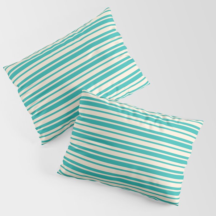 Beige and Light Sea Green Colored Pattern of Stripes Pillow Sham