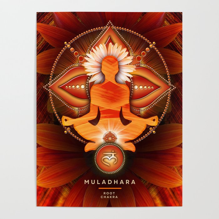 Root chakra meditation in yoga lotus pose, in front of muladhara chakra symbol and blooming gazania garden flower. Poster