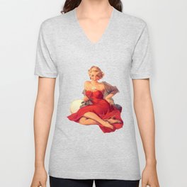 Sexy Blonde Pin Up With White Rose and Red Dress Vintage  V Neck T Shirt