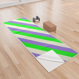 [ Thumbnail: Purple, Lime, and Beige Colored Lines/Stripes Pattern Yoga Towel ]