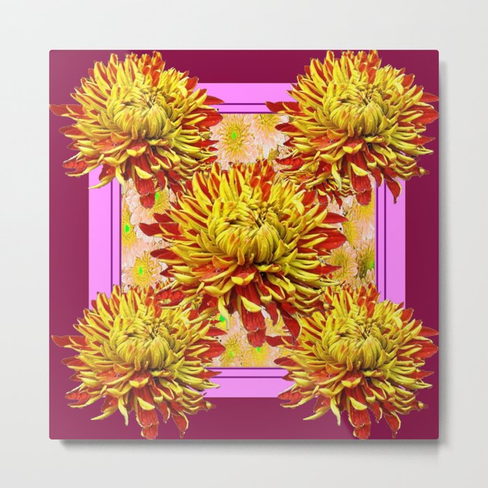 Stylized Abstracted Burgundy Yellow Chrysanthemums Floral Metal Print
