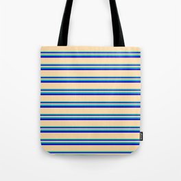 [ Thumbnail: Tan, Light Sea Green & Blue Colored Striped Pattern Tote Bag ]
