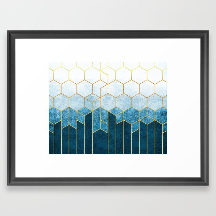 Cerulean Blue + Golden Hexagons Abstract Design Framed Art Print