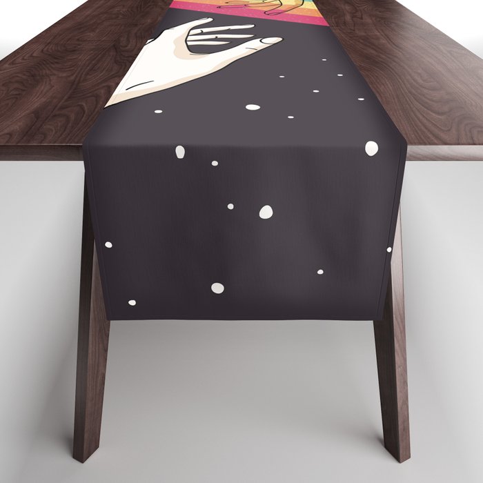 Galactic Radiance: Hands Reaching for Rainbow Space Stars Table Runner