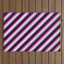 [ Thumbnail: Eye-catching Indigo, Hot Pink, Mint Cream, Gray, and Black Colored Stripes/Lines Pattern Outdoor Rug ]