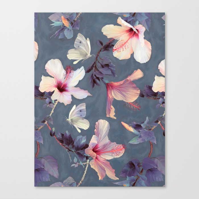 Butterflies and Hibiscus Flowers - a painted pattern Canvas Print