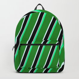 [ Thumbnail: Colorful Green, Forest Green, Light Cyan, Black & Grey Colored Lined Pattern Backpack ]