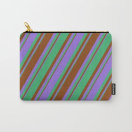 [ Thumbnail: Purple, Sea Green & Brown Colored Lined/Striped Pattern Carry-All Pouch ]