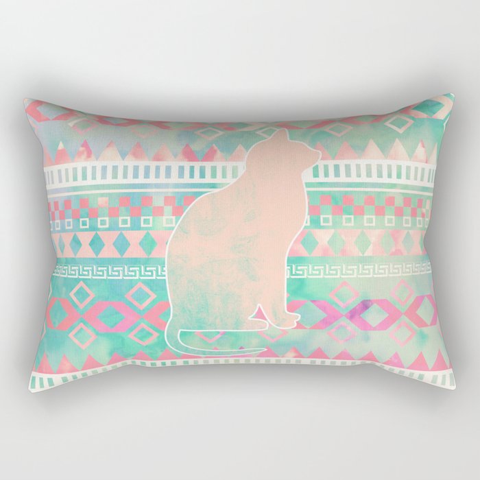 Whimsical Cat, Pink Turquoise Girly Aztec Pattern Rectangular Pillow