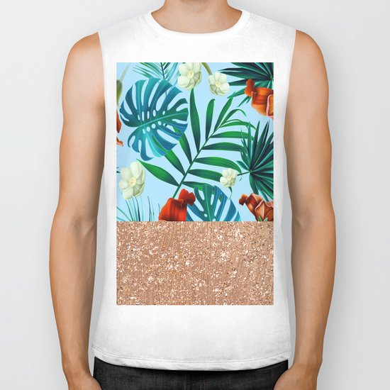 Tropical blue floral rose gold Biker Tank