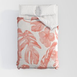 Tropical Hibiscus and Palm Leaves Dark Coral White Comforter