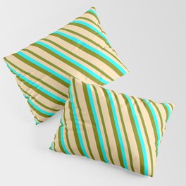 [ Thumbnail: Cyan, Green, and Tan Colored Striped Pattern Pillow Sham ]