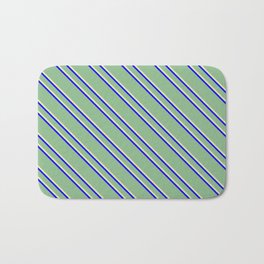 [ Thumbnail: Dark Sea Green, Pale Goldenrod, and Blue Colored Striped Pattern Bath Mat ]
