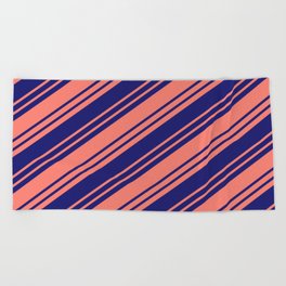 [ Thumbnail: Salmon & Midnight Blue Colored Stripes/Lines Pattern Beach Towel ]