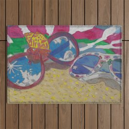 At the Beach Sunglasses Lying on the  Sand with a Hermit Crab and Beach Towel Outdoor Rug