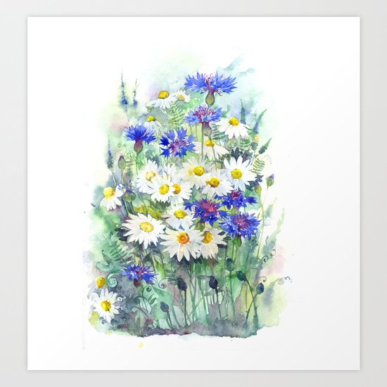 Watercolor chamomile and cornflowers Art Print