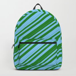 [ Thumbnail: Light Sky Blue and Forest Green Colored Lines/Stripes Pattern Backpack ]