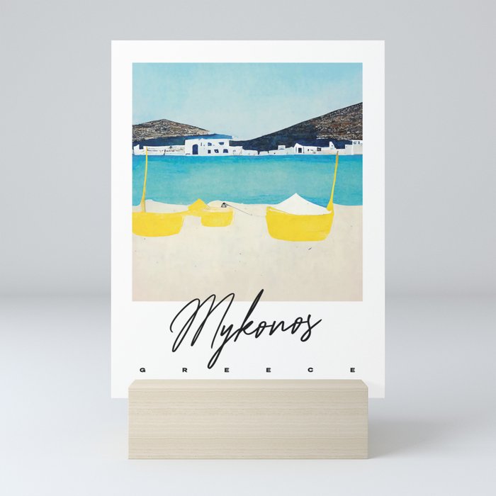 Mykonos Beach Travel Poster Greece Retro Mini Art Print