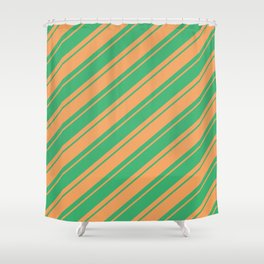 [ Thumbnail: Sea Green and Brown Colored Lined Pattern Shower Curtain ]