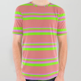 [ Thumbnail: Violet, Chartreuse, and Light Coral Colored Lined/Striped Pattern All Over Graphic Tee ]