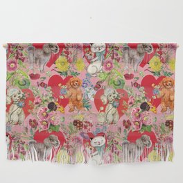 Pets celebrate Valentine's Day - Animal & Floral Pattern - Pink Wall Hanging