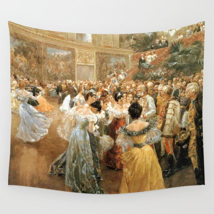Two ladies are presented to Emperor Franz Joseph at the court ball in the  Hofburg Vienna Imperial Palace gilded age grand hall portrait painting by  Wilhelm Gause Wall Tapestry by Jeanpaul Ferro |