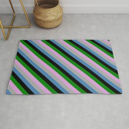 [ Thumbnail: Vibrant Plum, Dark Grey, Blue, Black & Green Colored Stripes Pattern Rug ]