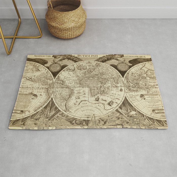 Antique world map with sail ships, sepia Rug by Society6