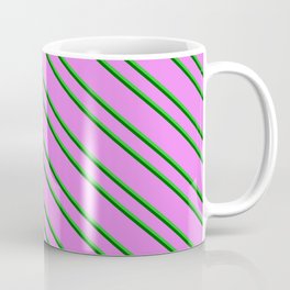 [ Thumbnail: Violet, Lime Green & Dark Green Colored Pattern of Stripes Coffee Mug ]