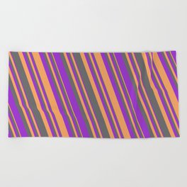 [ Thumbnail: Dim Gray, Dark Orchid & Brown Colored Lines/Stripes Pattern Beach Towel ]