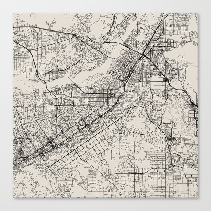 USA, Riverside City Map - Black and White Canvas Print