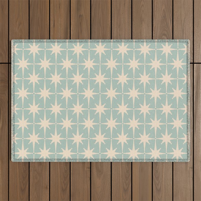 Atomic Age Retro 1950s Starburst Pattern in 50s Celadon Blue Green and Cream Outdoor Rug