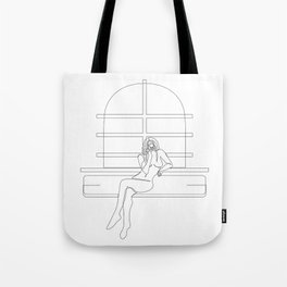 "Nudes by the Window" - Single Line Drawing of Nude Woman with Camera Tote Bag