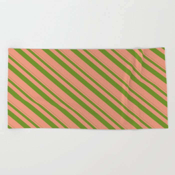 Green & Dark Salmon Colored Lines/Stripes Pattern Beach Towel