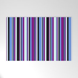 [ Thumbnail: Cornflower Blue, Purple, Light Cyan, and Black Colored Stripes Pattern Welcome Mat ]