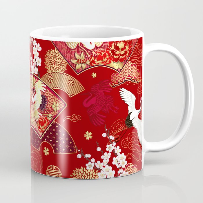 Spring Japanese background with fans and cranes Coffee Mug