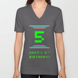 [ Thumbnail: 5th Birthday - Nerdy Geeky Pixelated 8-Bit Computing Graphics Inspired Look V Neck T Shirt V-Neck T-Shirt ]