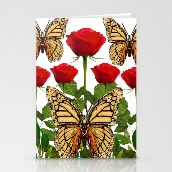 RED ROSES  & MONARCH BUTTERFLIES ART Stationery Cards