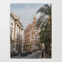 Street Scene of Pink Building in Valencia, Spain Poster