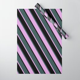 [ Thumbnail: Dark Slate Gray, Plum & Black Colored Stripes Pattern Wrapping Paper ]