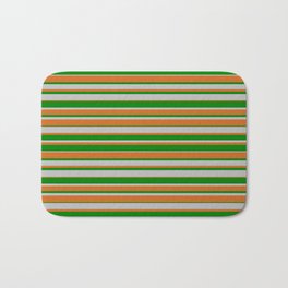 [ Thumbnail: Grey, Chocolate, and Green Colored Lined Pattern Bath Mat ]