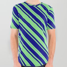 [ Thumbnail: Light Green & Dark Blue Colored Lined Pattern All Over Graphic Tee ]