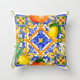 Summer ,Sicilian tiles ,citrus,oranges,majolica,lemons ,Mediterranean  Throw Pillow