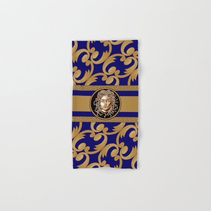  Luxury Baroque Medusa Pattern Gold & Royal Blue Hand & Bath Towel